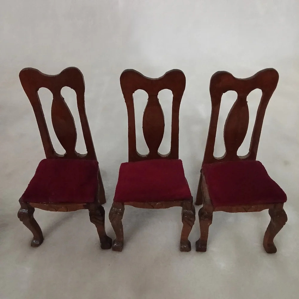 Vintage Miniature Wood Dollhouse Furniture Set 7pc Settee Chairs Tables Burgundy